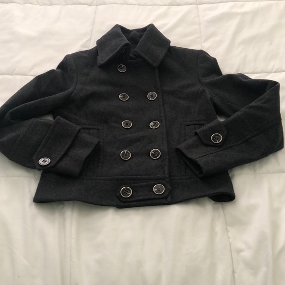 Express Military style charcoal grey 60% wool coat with detailed 1 inch buttons - Picture 1 of 12